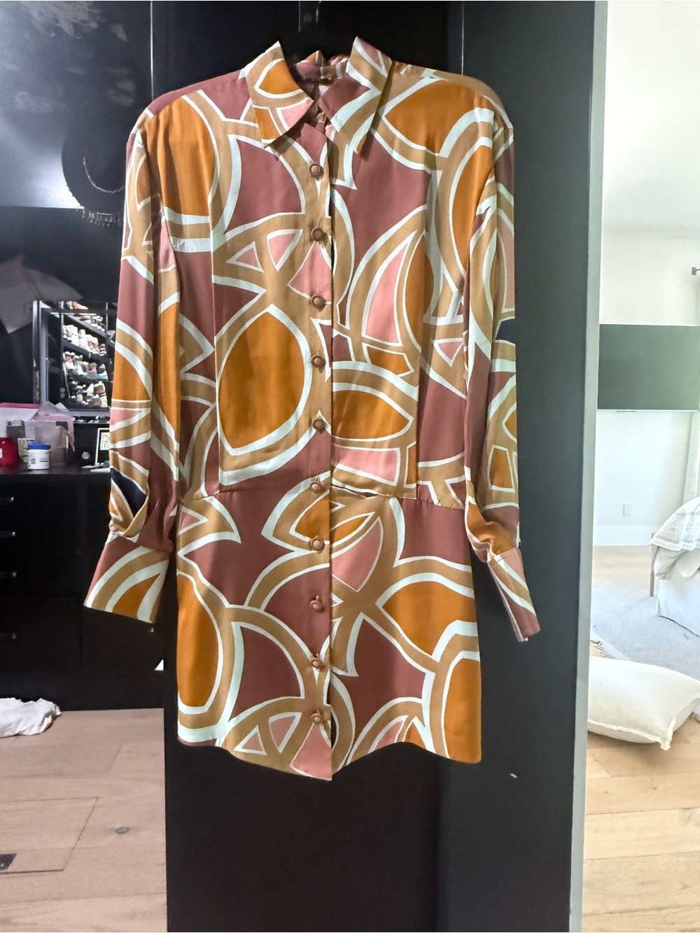 Alexis Long Sleeve Geometric Button Dress in Rust, Pink & Cream